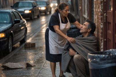 Mi esposo me dejó por su joven secretaria — desesperada, fui a trabajar como mesera en un restaurante. Un día, bajo la lluvia después del trabajo, encontré a un señor pobre completamente empapado. Decidí cubrirlo, renunciando a mi último abrigo. Fue entonces cuando él abrió los ojos y dijo: “Van a pagar por lo que te hicieron.” Me quedé congelada. Cinco limusinas llegaron. Cuando él reveló que era mi viejo amor…